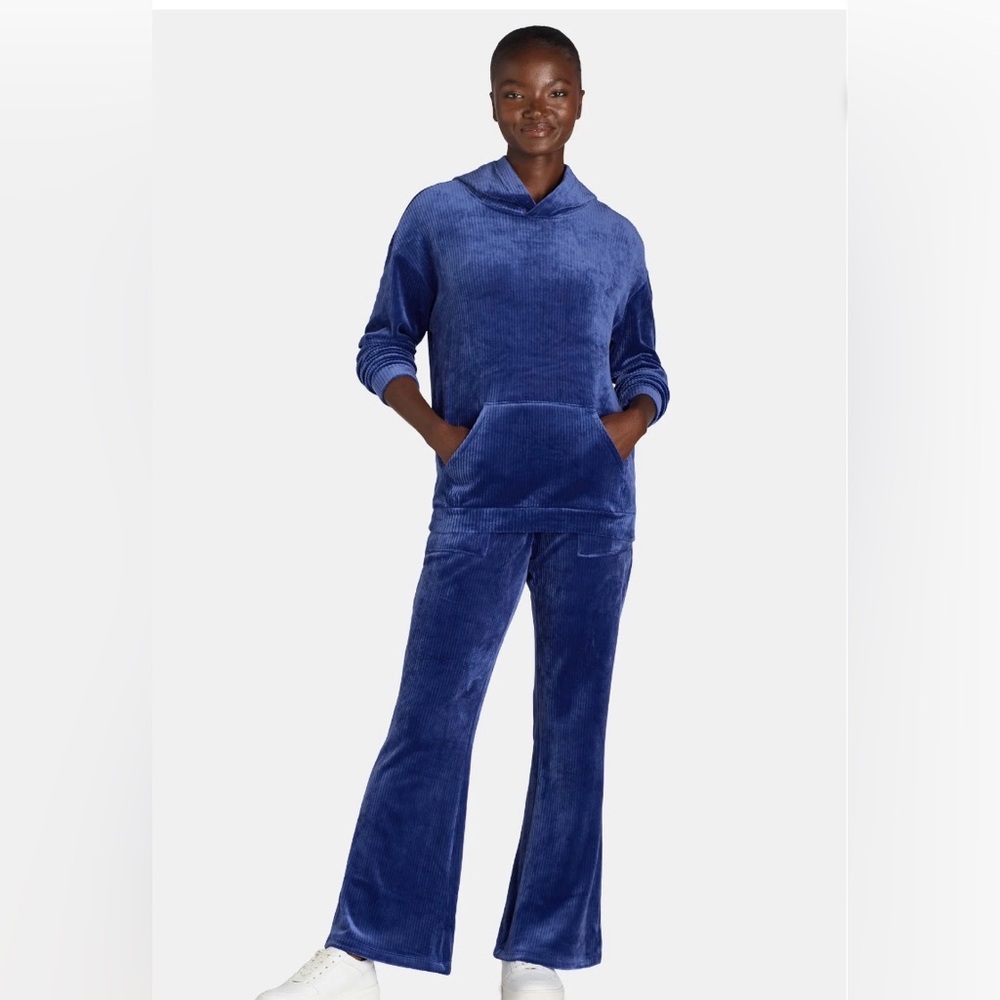 Blue Velour Ribbed Hoodie and Pants Set